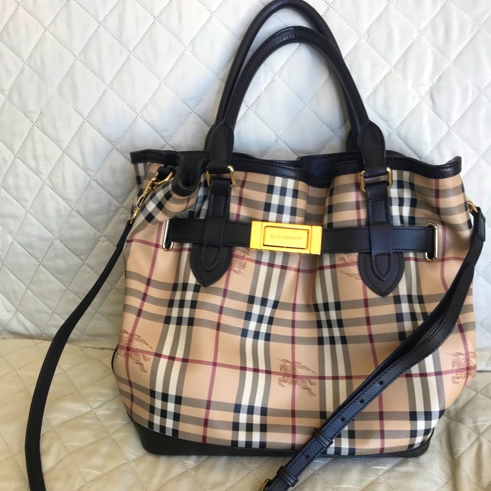 Burberry Beige Nova Check Tote with Black Trim and Gold Hardware